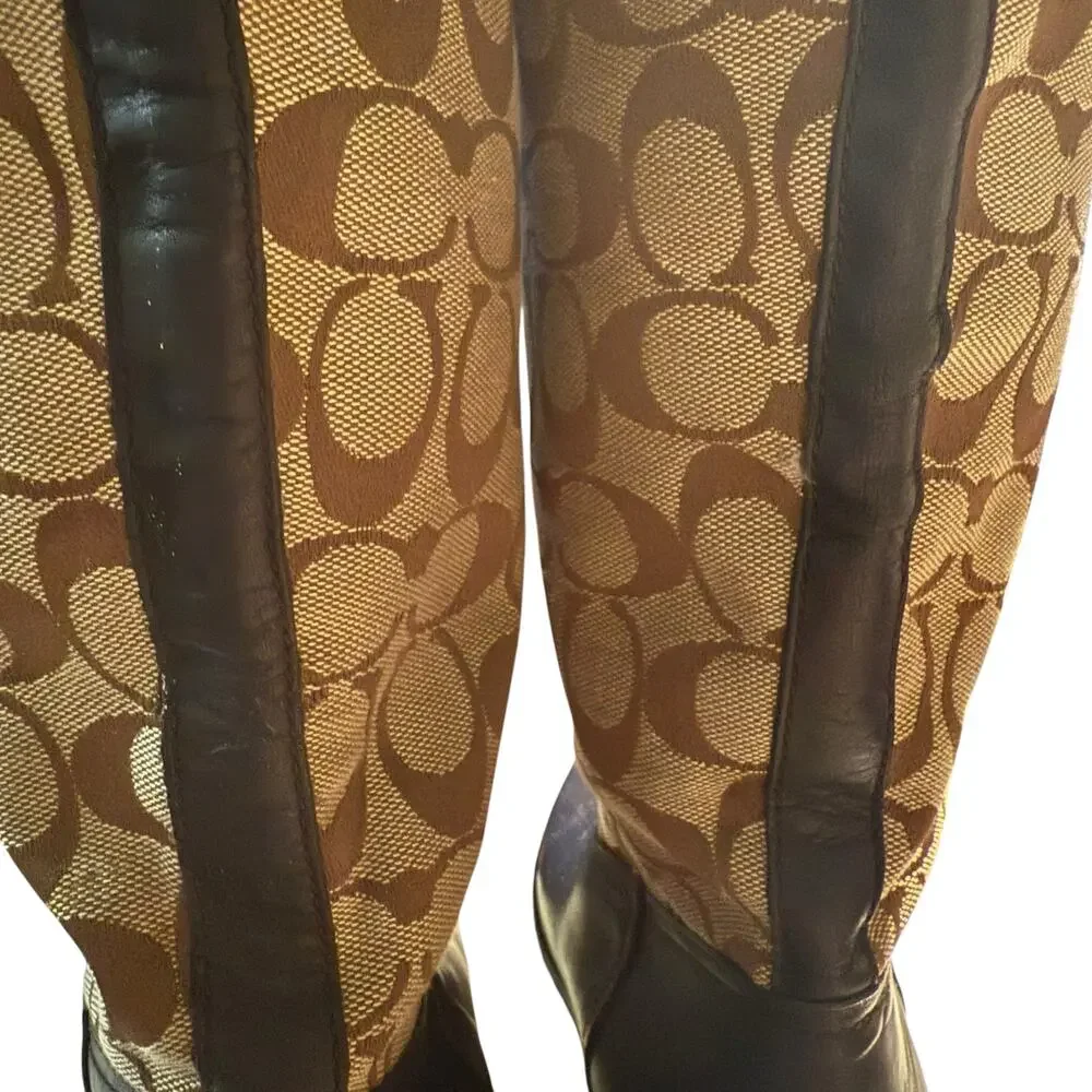 Coach Chrissi Signature C Riding Boots, Leather & Jacquard Canvas, Size 7.5 B